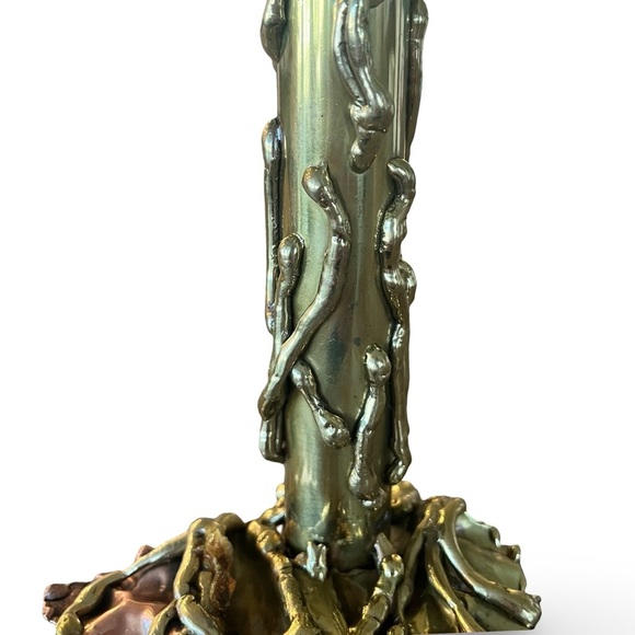 Vintage 70s Artisan Mid-Century Modernist Brutalist Copper Gold Tone Candlestick - Picture 3 of 8